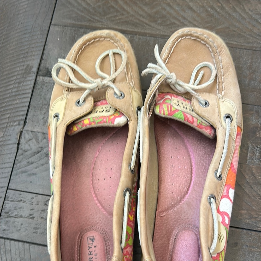 Sperry Angelfish Tan and Pink Loafers with Floral Accents